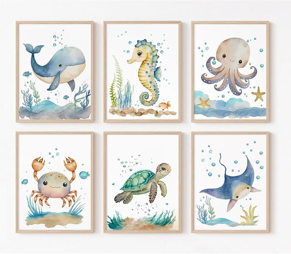 Joocrise Nursery Sea Animal Wall Decor Set of 6 Ocean Watercolor Canvas Wall
