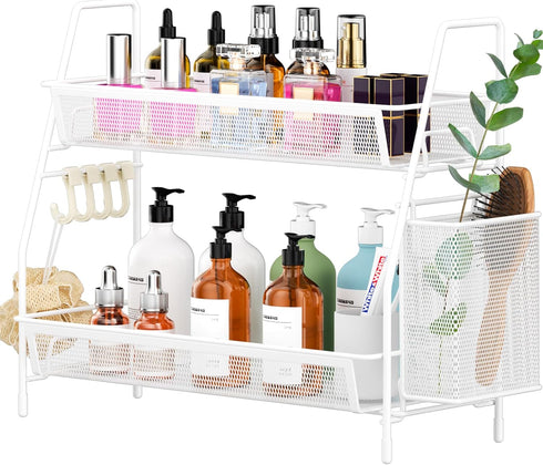 VITVITI 2-Tier Bathroom Organizer, Metal Wire Mesh Storage with Basket Hooks for Vanity Tray Shelf and Kitchen Spice