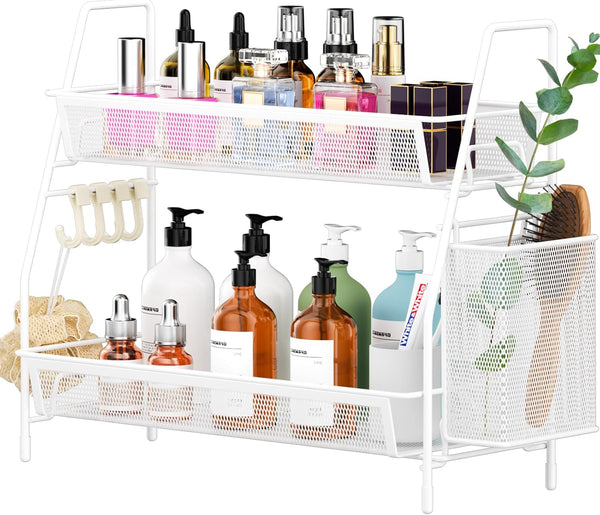 VITVITI 2-Tier Bathroom Organizer, Metal Wire Mesh Storage with Basket Hooks for Vanity Tray Shelf and Kitchen Spice