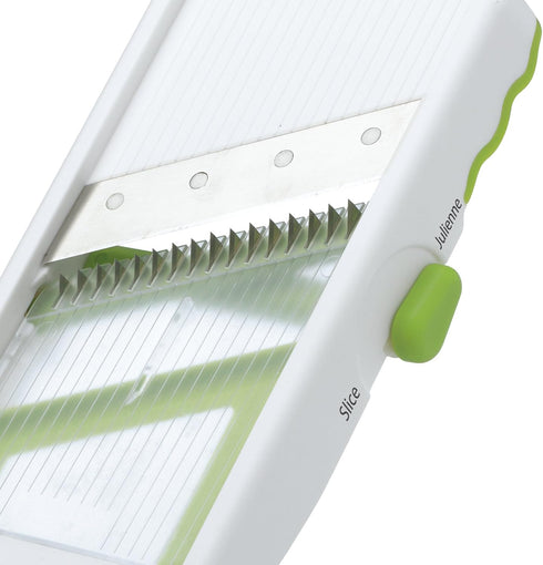 PrepSolutions Adjust-A-Slice & Julienne Mandoline, White & Green, Adjustable Slicer for Fruits and Vegetables