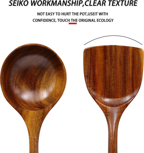 FJNATINH Wooden Wok Spatula Ladle Tool Set, 14-inch Long Handle Teak Spatula
