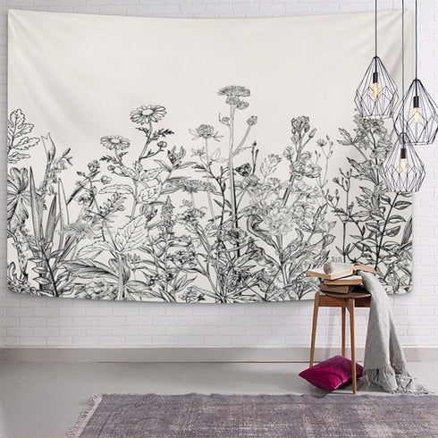 Emvency Tapestry Black and White Floral Border Herbs and Wild Flowers Botanical Wall Hanging 50" x 60" Print