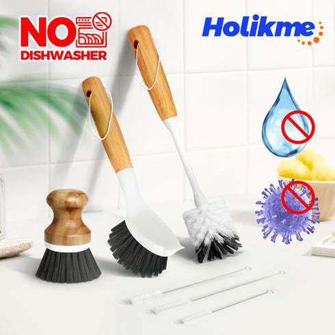 6 Pack Set Holikme Dish Brush Scouring Pad with Bottle Brush, Dish Brush, Palm Scrub Brush and Straw Brush, Dish