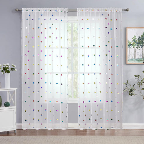 Urban Lotus White Sheer Curtains for Bedroom, 63-inch Metallic Polka Dot Window Curtain Panels for Kids Room