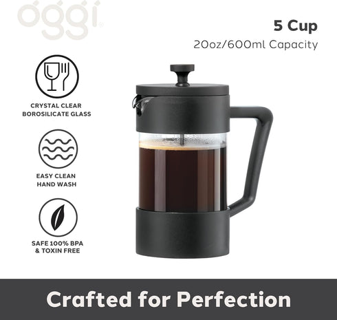 Oggi Borosilicate Glass French Press Coffee Maker (20oz)- 5 Cup Capacity, Coffee Press, Single Serve Coffee Maker, Stainless Steel Lid & Plunger, Make Great Coffee Gifts by Oggi