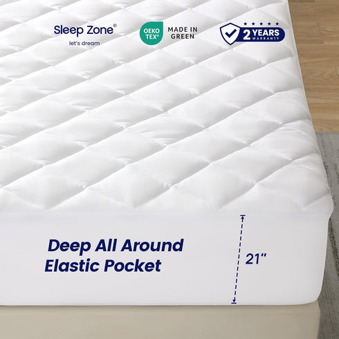 SLEEP ZONE Breathable Twin Mattress Pad - Machine Washable Quilted Fitted Cover, Deep Pocket up to 21" (White)