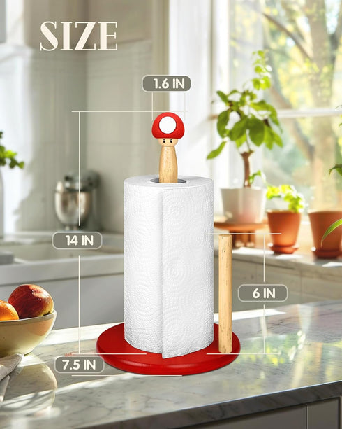 Kitchen Paper Towel Holder - Countertop Wood Wooden Farmhouse Cute Standing Bamboo Stand Rustic Weighted Decorative Table Top Mushroom Fun Heavy Cool Unique Modern Vertical Papertowel Holders
