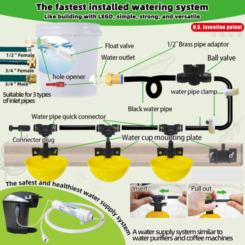 ayakol Set 18ft 6Cup) Complete Pipeline Automatic Chicken Waterer System, Innovative Quick-Connect Water System