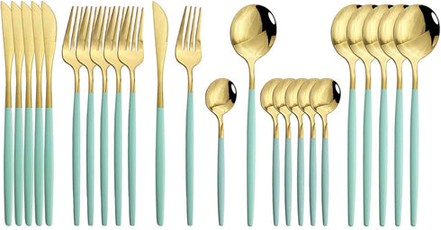 JASHII Flatware Serving Set 24 Piece, Stainless Steel Silverware Set, Mint Green Gold Cutlery for Modern Elegant