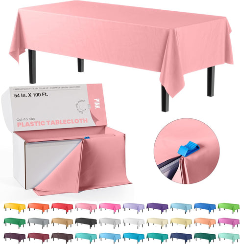 Exquisite Party Solids 54 Inch X 100 Feet Pink Plastic Table Cover Roll, Cut-to-Size Box with Convenient Slide Cutter