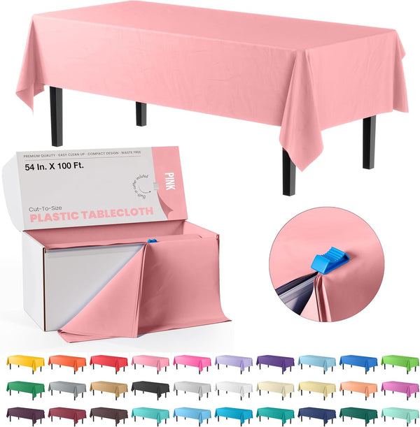 Exquisite Party Solids 54 Inch X 100 Feet Pink Plastic Table Cover Roll, Cut-to-Size Box with Convenient Slide Cutter