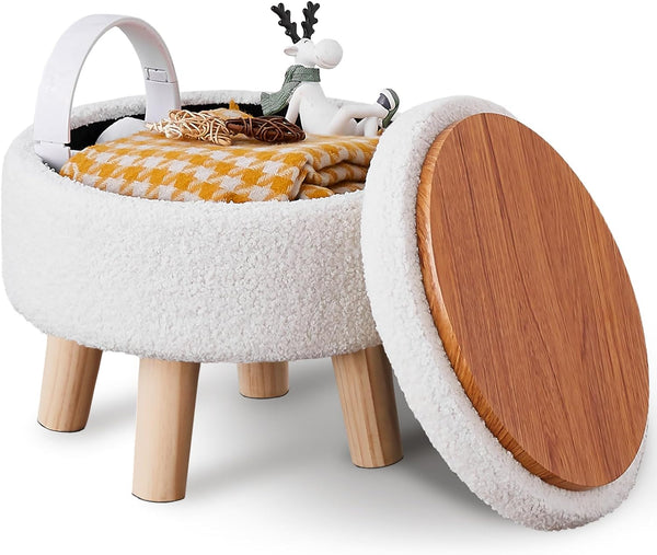 Wimarsbon Storage Ottoman, Modern Round Footrest with Soft Padded Seat, Teddy Velvet