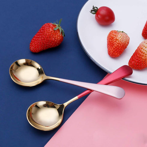 Metal Soup Spoons, Stainless Steel Colorful Dinner Spoons, Thick Short Handle Table Spoon 6.3-Inch, Set of 5 (Gold)