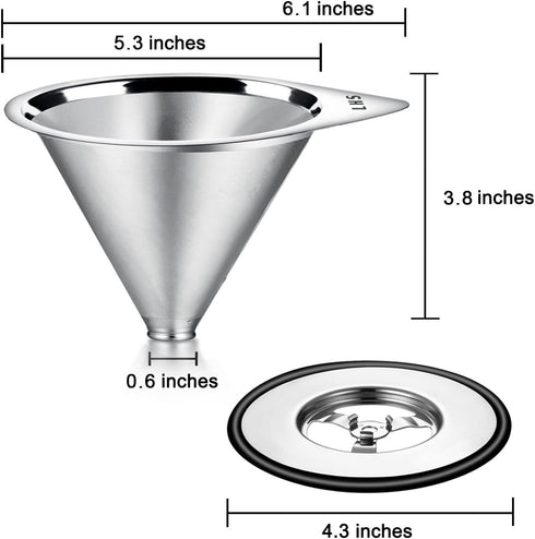 LHS Stainless Steel Pour Over Coffee Dripper - Reusable Metal Cone Filter - Single Cup Coffee Maker 1-4 Cup