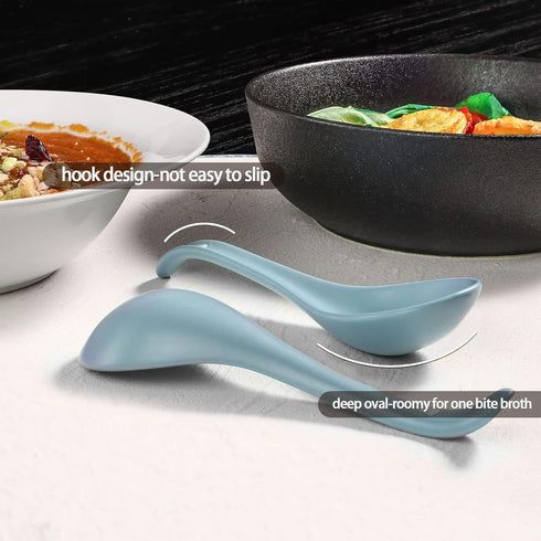 Artena 6.75 inch Solid Asian Soup Spoon Set of 6, Ultra-fine Porcelain Ramen Spoons for Pho, Miso, Dumpling, Blue