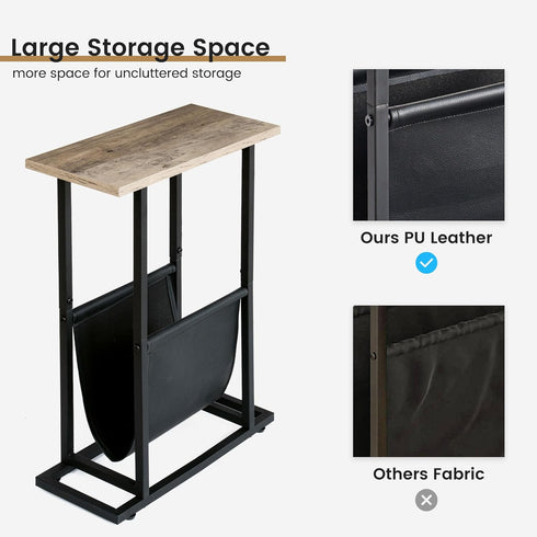 FLYJOE Narrow Side Table with PU Leather Magazine Holder Rustic Slim Little Thin Table for Living Room, Bedroom, Sofa
