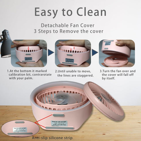 Pink Desk Fan, Small Quiet with Ambient Light, Portable USB Fan 5.3in High Power Rechargeable Battery Operate