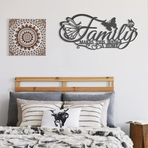 Family Metal Wall Decor Word Sign, Black Family Makes This House A Home Art, Butterflies Love Heart Wall Hanging