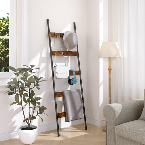 5-Tier BF52CJ01 HOOBRO Blanket Ladder, Towel Rack with Hooks, Wall-Leaning Blanket Rack, Decorative Display Ladder