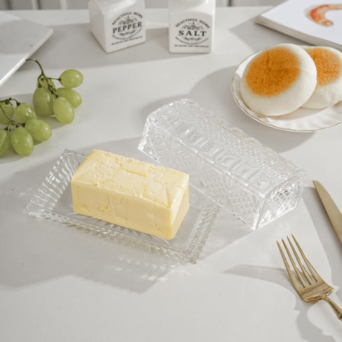 Countertop,Refrigerator,Dishwasher Glass Butter Dish with Lid,Large Deep Covered Butter Dish,Clear Crystal Glass Butter