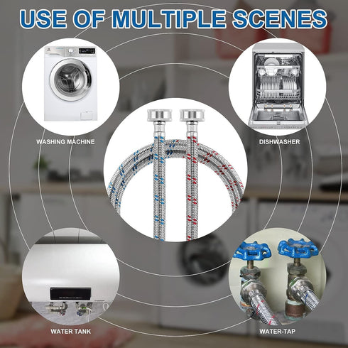 Stainless Steel Washing Machine Hoses, 4ft - 2 Packs Braided Premium Washer Supply Lines for Hot and Cold Water