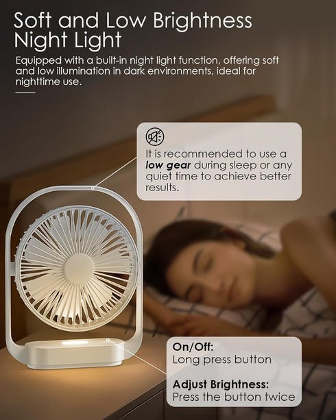 AceMining Small Quiet Desk Fan, USB Fan with Night Light, Rechargeable 4 Speed Table Fan, 330° Rotation for Bedroom