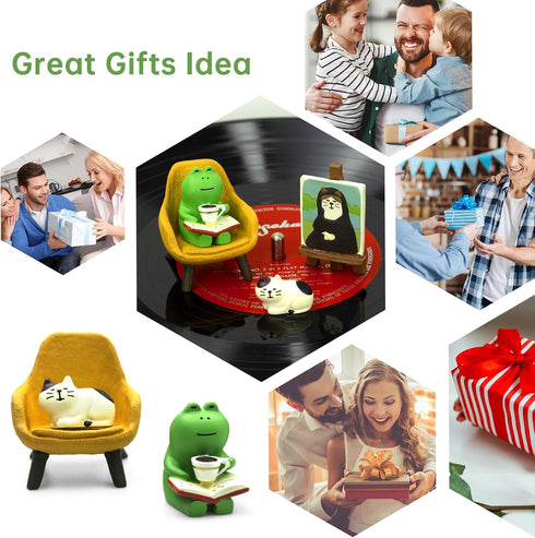 RAQWI Set Cute Frog Reading on Yellow Sofa Figurine with Cat Painting & Kitten Statue, Mini Resin Animal for Office