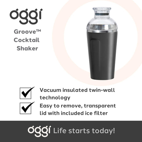 OGGI Groove Insulated Cocktail Shaker, 17oz Double Wall Vacuum Insulated Stainless Steel Mixer with Built-In Strainer