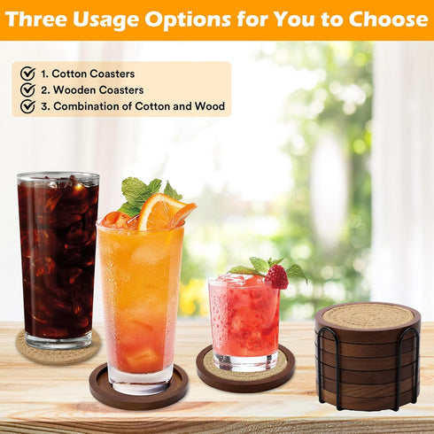 6 Pack 4.3 Inches Mckanti Wood Coasters for Drinks with Cotton Coasters Insert, Wooden Coasters with Holder for Coffee
