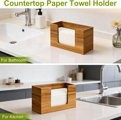 Hilislog Countertop Counter Acacia Wood Paper Towel Dispenser Wooden Paper Towel Holder for Bathroom Kitchen Napkin