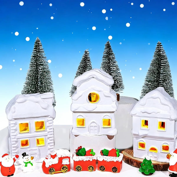 Wowagoga 21 Pcs Ceramic Christmas House Village Sets, 4.3 Inch White Resin