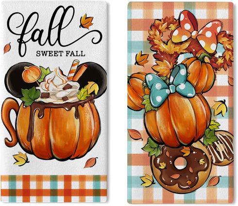 Fall Sweet Fall Cartoon Mouse Pumpkin Kitchen Dish Towels Set of 2 - Autumn Coffee Wreath Doughnut Drying Cloths