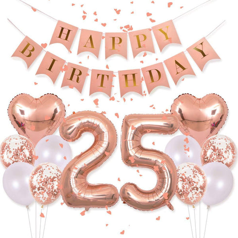 Birthday Decorations Happy Birthday Banner 40inch, Rose Gold Number 25 Balloons, Confetti Balloons for 25th Birthday