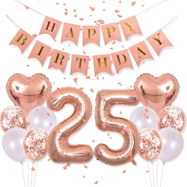 Birthday Decorations Happy Birthday Banner 40inch, Rose Gold Number 25 Balloons, Confetti Balloons for 25th Birthday