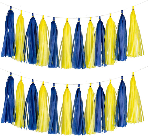Aimto 20pcs Blue and Yellow Shiny Tassel Garland Banner, Tissue Paper Tassels for Party Decorations