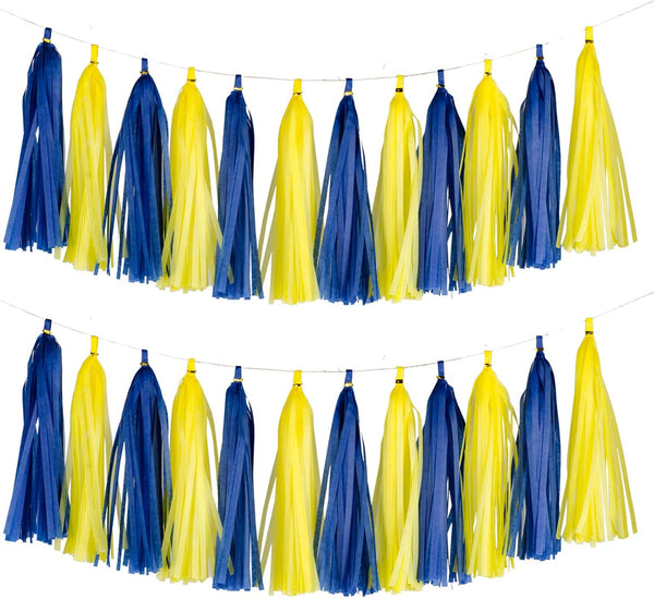 Aimto 20pcs Blue and Yellow Shiny Tassel Garland Banner, Tissue Paper Tassels for Party Decorations