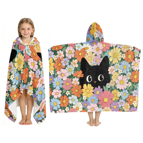 Flower Cat Beach Towel for Girls, Floral Cat Beach Towel, Cats Hooded
