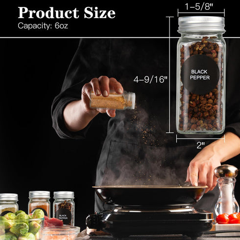 DkOvn 12pcs 6oz Glass Spice Jars with Labels, Empty Spice Jars with Mental Caps, Shaker Lids, Collapsible Funnel, Chalk