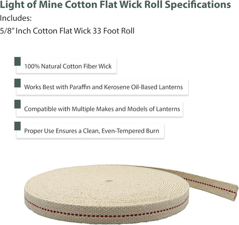 Light of Mine 5/8" Inch 33' Foot 100% Cotton Flat Wick for Paraffin Oil Lanterns and Oil Lamps