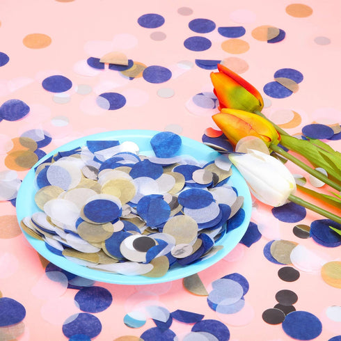 TecUnite Round Tissue Paper Table Confetti Dots for Wedding Birthday Party Decoration, 1.76 oz (Blue Gold Silver, 2.5