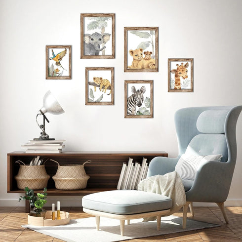 Set 6 HLJ ART Safari Animal Wall Art Print for Boys and Girls: Jungle Nursery Pictures Framed of for Baby Room Decor