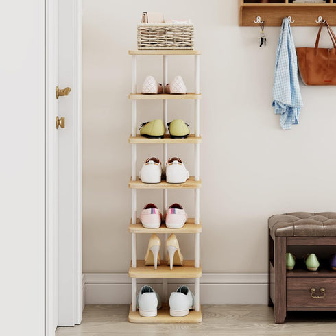 AZERPIAN Shoe Rack (7 Tier) - Vertical Storage Organizer, Narrow Metal Slim Shelf for Closet, Entryway, Bedroom, White