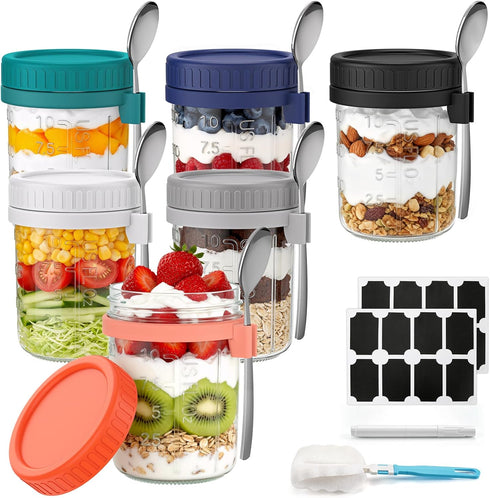 6 Pack Overnight Oats Containers with Lids and Spoons, 16 oz Airtight