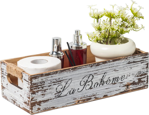 Farmhouse Distressed Wooden Storage Box, Vintage Countertop Organizer with Handles, Rustic Bathroom Decor Box