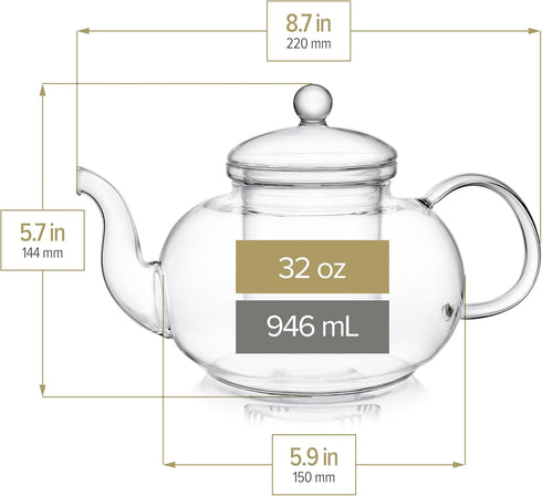 Set 32oz/946ml) (7oz/207ml) Set Teabloom Heatproof Glass Teapot with Removable Loose Tea Infuser (Standard Size: