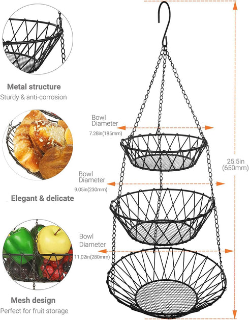 3 Tier Hanging Basket with Sturdy Metal Chain Hooks, Heavy Duty Wire Organizer for Kitchen Storage