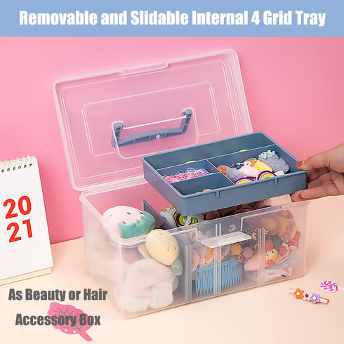 Clear Plastic Arts & Craft Supplies Organizer Box, Large with Removable Tray & Handle, Office Storage (Clear & Ocean