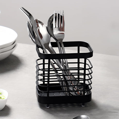 Stainless Steel Sink Utensil Holder, Kitchen Countertop Organizer Rack for Forks, Knives, Spoons, Black