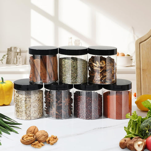 Plastic Jars with Lids, 16 oz Clear Airtight Storage Containers, Pack of 16 with Black Lids for Dry Food