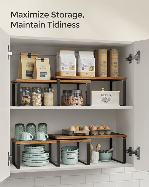 SONGMICS Cabinet Organizer Shelf, Set of 2 Stackable Kitchen Counter Shelves, Expandable Spice Rack, Metal and
